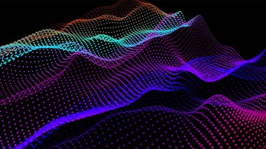 Akan parçacıkların olduğu soyut dijital manzara. Siber ya da teknoloji geçmişi. Sience hareketinin temsili ses dalgası. Dairelerden Geometrik yapı.