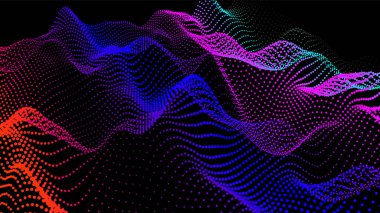 Akan parçacıkların olduğu soyut dijital manzara. Siber ya da teknoloji geçmişi. Sience hareketinin temsili ses dalgası. Dairelerden Geometrik yapı.