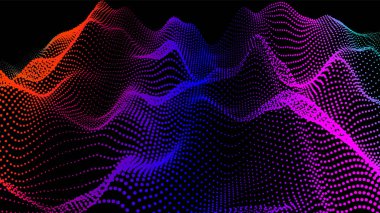 Akan parçacıkların olduğu soyut dijital manzara. Siber ya da teknoloji geçmişi. Sience hareketinin temsili ses dalgası. Dairelerden Geometrik yapı.