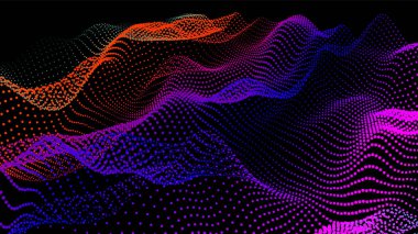 Akan parçacıkların olduğu soyut dijital manzara. Siber ya da teknoloji geçmişi. Sience hareketinin temsili ses dalgası. Dairelerden Geometrik yapı.