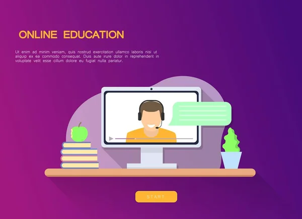 Profesor en línea en la pantalla del monitor. Educación en línea plana — Vector de stock