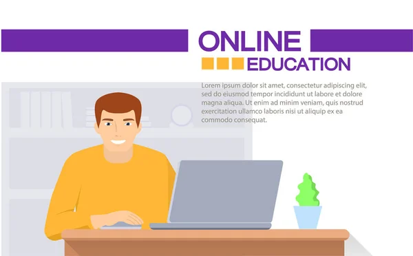 Онлайн-образование. Человек сидит на столе и ноутбук. Дистанционное обучение. Плоская векторная иллюстрация — стоковый вектор