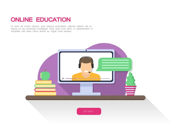 Profesor en línea en la pantalla del monitor. Educación en línea plana — Vector de stock
