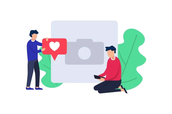 Kırmızı kalp simgesi olan sosyal medya. Ağ ve toplama seviyor ve yorumlar için akıllı telefon kullanan kişiler. Vektör düz çizim.