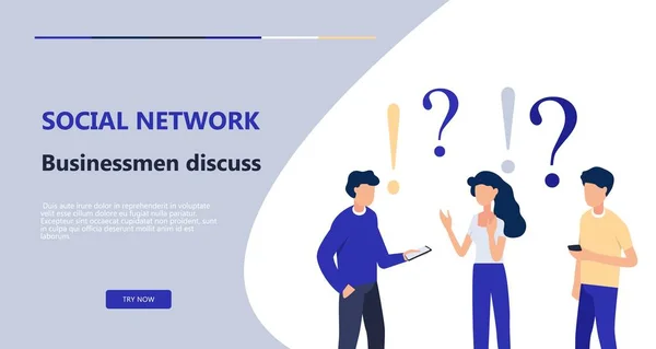 Çalışanların sosyal ağ Haberler tartışırken görevleri, çözme, insanlar tartışıyor. Web sayfa tasarımı iş kavramı. Vektör düz çizim.