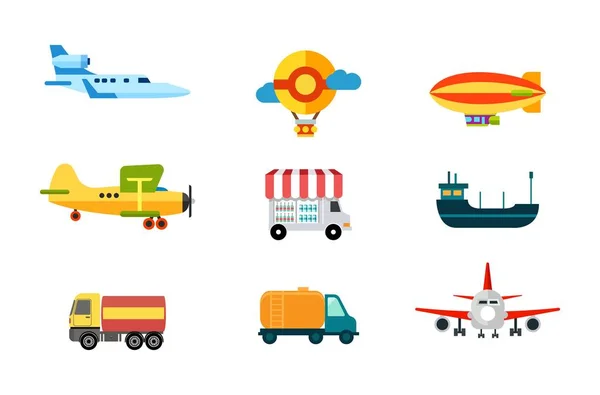 传输图标。空运、内河运输和海运。地面运输。货物, 飞艇和气球机。矢量插图 — 图库矢量图片