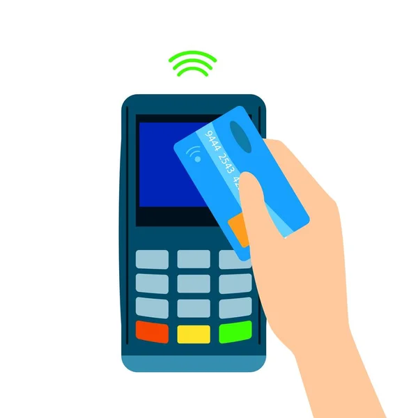 Τερματικό pos επιβεβαιώνει την πληρωμή που πραγματοποιείται μέσω του κινητού τηλεφώνου. Πληρωμές NFC. επίπεδη στυλ. Κινητή τραπεζική και τις πληρωμές — Διανυσματικό Αρχείο