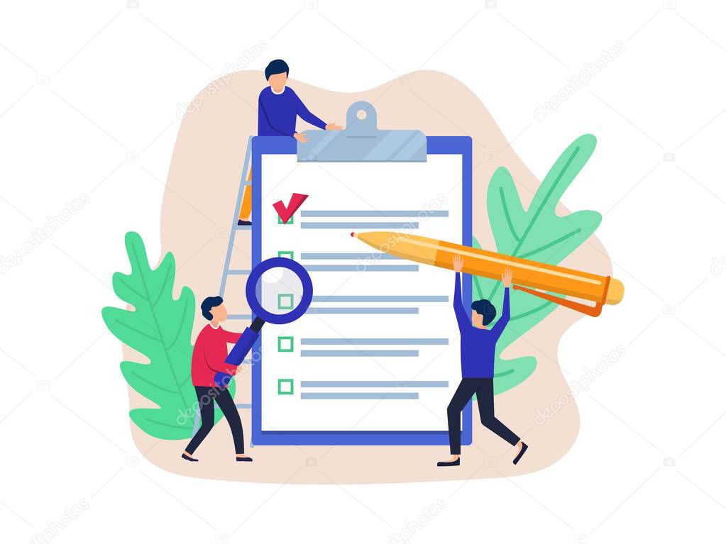 Businessmen happy to fill a check sheet on the blackboard. Successful business solutions. Vector Flat Illustration.