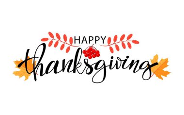 Mutlu Şükran günü elle çizilmiş yazı. Tebrik kartları ve afiş için tasarım. Sonbahar yaprakları ile Şükran günü. Vektör çizim.