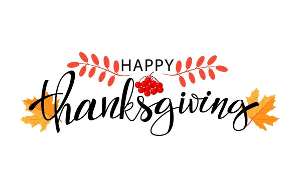 Mutlu Şükran günü elle çizilmiş yazı. Tebrik kartları ve afiş için tasarım. Sonbahar yaprakları ile Şükran günü. Vektör çizim.
