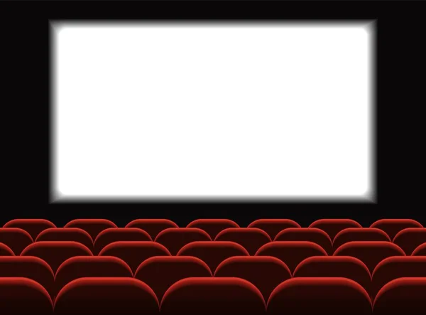 Kino filmowe. Sala kinowa z miejscami siedzącymi. Projekt plakatu premierowego z białym ekranem. Tło wektorowe. — Wektor stockowy