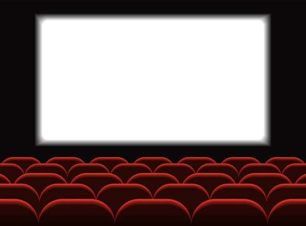 Movie cinema. Cinema hall with seats. Premiere poster design with white screen. Vector background.