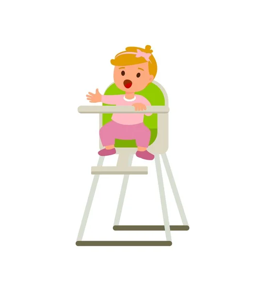 Menina criança em cadeira alta bebê com prato de mingau de cereal. Ilustração de desenho animado vetorial isolado em um fundo branco . — Vetor de Stock