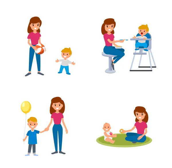 Babysitter behandelt kinderen. De Nanny feeds, wandelingen met het kind, speelt met het kind. Een set van platte illustraties van vector babysitter en Nanny met verschillende kinderen. — Stockvector