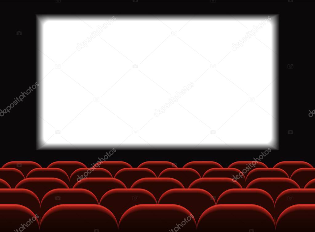 Movie cinema. Cinema hall with seats. Premiere poster design with white screen. Vector background.