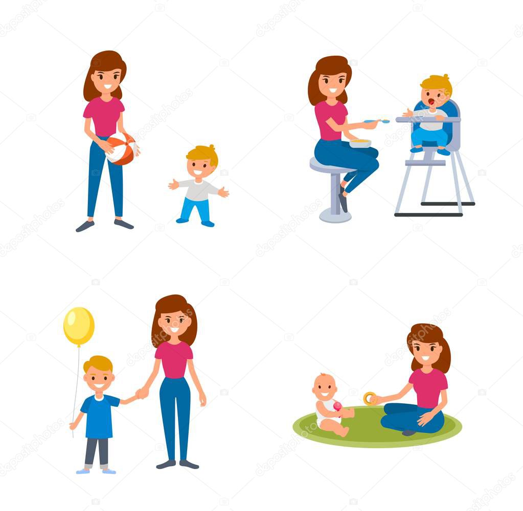 Babysitter deals with children. The nanny feeds, walks with the child, plays with the child. A set of flat illustrations of vector babysitter and nanny with different children.