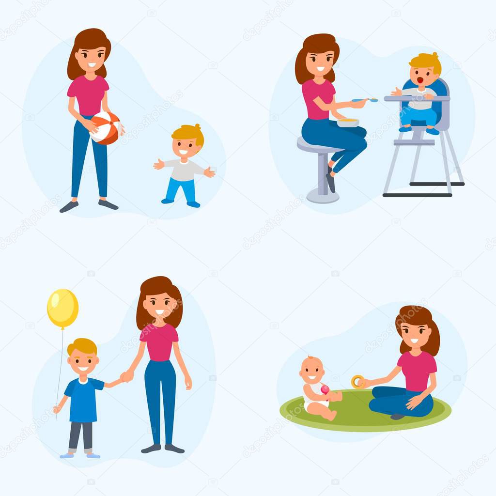 Babysitter deals with children. The nanny feeds, walks with the child, plays with the child. A set of flat illustrations of vector babysitter and nanny with different children.