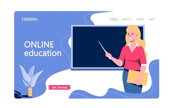 Conceito de educação online com professor de caráter. Professora com ponteiro e quadro negro. Aulas online, cursos. Website, modelo de aterragem. Ilustração vetorial plana isolada sobre fundo branco . — Vetor de Stock