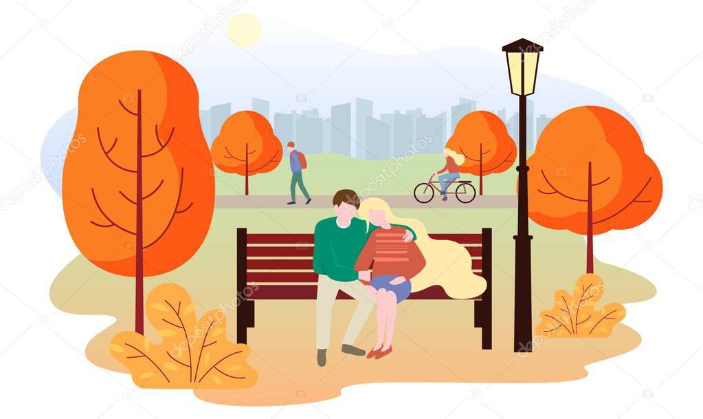 City autumn park landscape. People walk in the park, rides a bicycle, a couple in love sits on a bench. The guy hugs the girl. Couple hugging. Flat vector illustration isolated on white background.