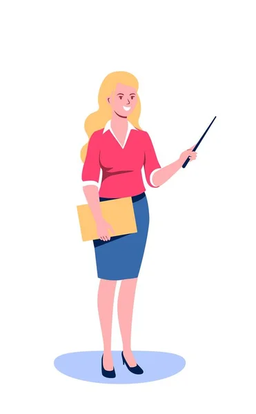 Female blonde teacher modern vector illustration. Smiling teacher with pointer. Teacher stands and holds pointer. Flat vector illustration isolated on white background. — Stock Vector