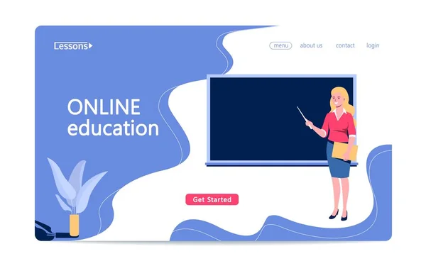 Conceito de educação online com professor de caráter. Professora com ponteiro e quadro negro. Aulas online, cursos. Website, modelo de aterragem. Ilustração vetorial plana isolada sobre fundo branco . — Vetor de Stock