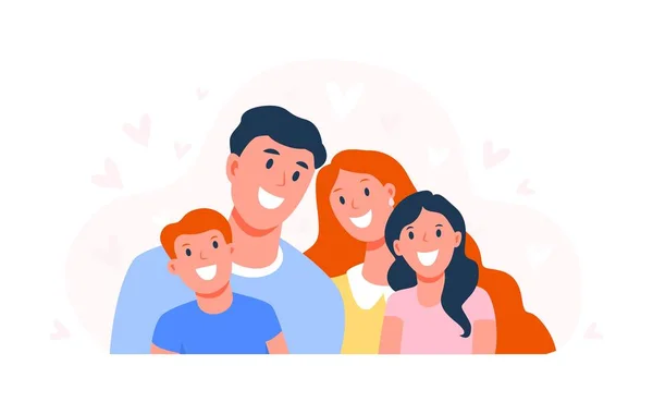 Familia feliz. Padres con hijos. Papá, mamá, hijo e hija sonríen. Rostros felices de los miembros de la familia. Ilustración vectorial plana aislada sobre fondo blanco — Vector de stock