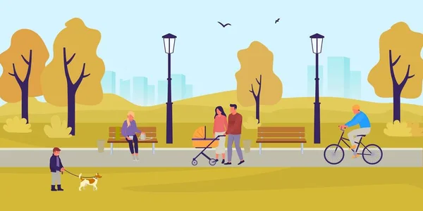 Aparcar en el otoño. La gente camina en el parque de otoño. Un chico está jugando con un perro. Pareja con cochecito en el parque. Chica sentada en el banco con smartphone. El tipo monta en bicicleta. Ilustración de vector de estilo plano — Vector de stock