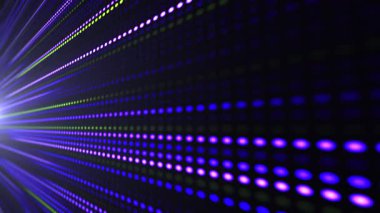 Çok renkli parlak çizgilerin hareketin ve enerjinin etkisini yarattığı canlı bir LED panel. Dijital akış. Işık dinamiği ve piksel enerjisi.
