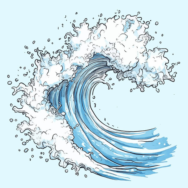 Величие океана, динамичная иллюстрация морской волны. Контраст белой пены и глубокой голубой воды создает эффект движения. Картина передает силу стихий и красоту океана.