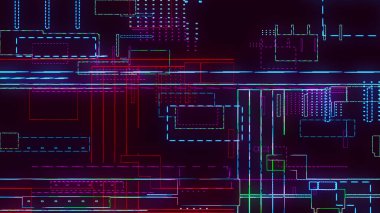 Basılı devre kartında bir işlemci çipi, sinirsel ağların dijitalleştirilmesi ve bulut hesaplaması. Çok renkli çizgiler - karmaşık dijital devrelerin hatlarını belirler. Elektronik hesaplama teknolojisi.