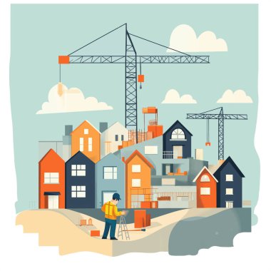 İnşaat sürecinde evler ve inşaat malzemeleri. Yapı çizimi düz vektör illüstrasyonu