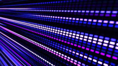 Çok renkli parlak çizgilerin hareketin ve enerjinin etkisini yarattığı canlı bir LED panel. Dijital akış. Işık dinamiği ve piksel enerjisi.
