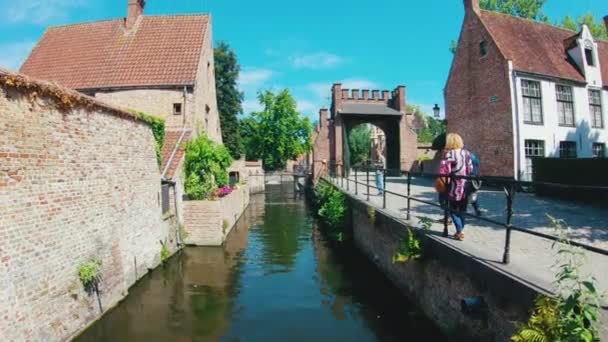 Idyllic River Old City Center Brugge Bruges Belgium Summer Spring — Stock Video