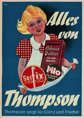 Temizleme ürünleri, Almanya'da Thompson için çok eski vintage reklam. 1950'lerden itibaren bir reklam-Thompson üzerinden tarama. Metni okur: her şey--dan Thompson. Thompson parlaklık ve tazelik için umurunda.