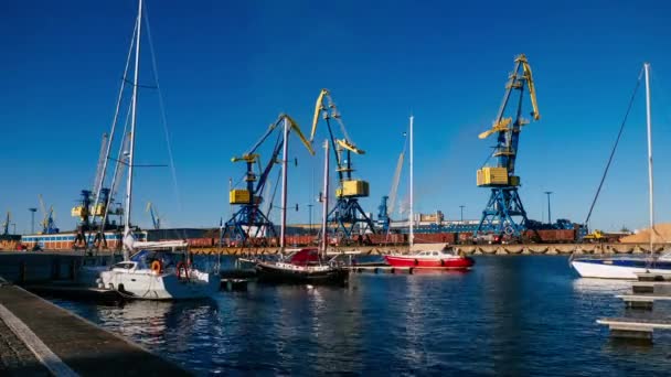 Timelapse Marina Baltic Sea Working Cranes Wismar Germany Epic Clouds — Stock Video