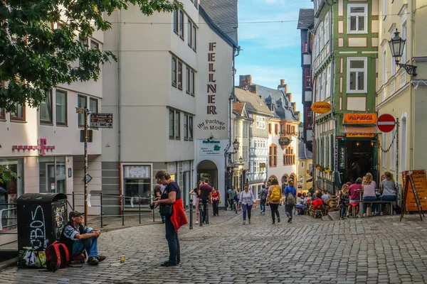 Marburg / Almanya - Ağustos 2019: Marburg Tarihi Şehir Merkezi ve geleneksel evler