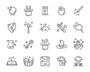 ejderha, tek boynuzlu at, hazine ve diğerleri gibi fantastik vektör simge kümesi