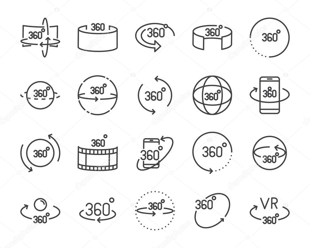 vr vector line icon set, such as 360degree, glasses, round