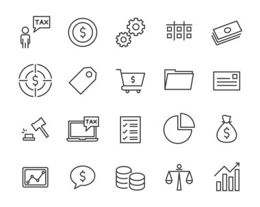 posta, ödeme, para, yasal ve diğerleri gibi vergi vektör hat simgeler kümesi