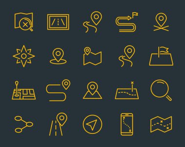 set of world map vector line icons, such as map, way, globe clipart