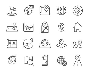 Dünya harita vektör hat simgelerin ayarlamak, harita gibi yol, küre