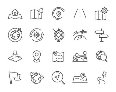 Dünya harita vektör hat simgelerin ayarlamak, harita gibi yol, küre