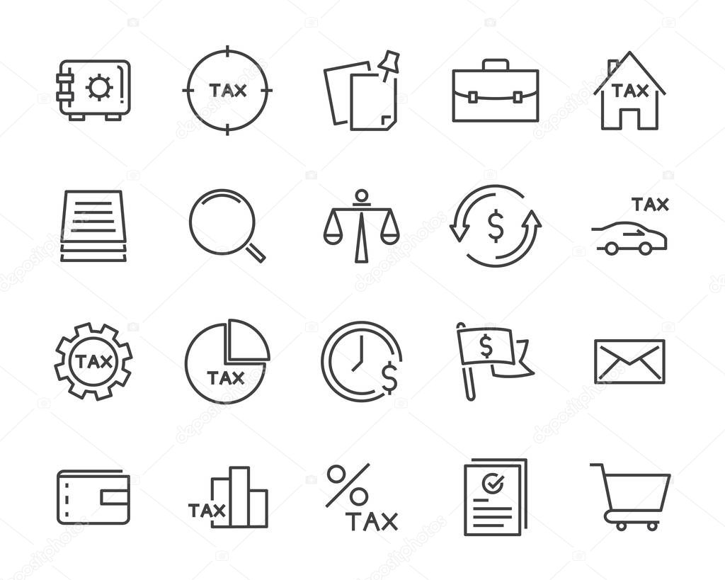 set of tax vector line icons, such as mail, payment, money, legal and more