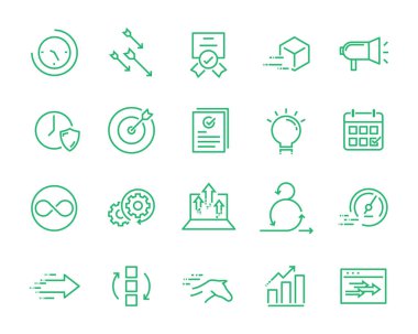 vektör satırı simgesi, basit bir set içeren böyle lcon hızlı, çevik, alttan yukarıya ittirmek, işlem, zaman ve daha fazla olarak