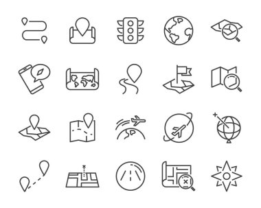 Dünya harita vektör hat simgelerin ayarlamak, harita gibi yol, küre