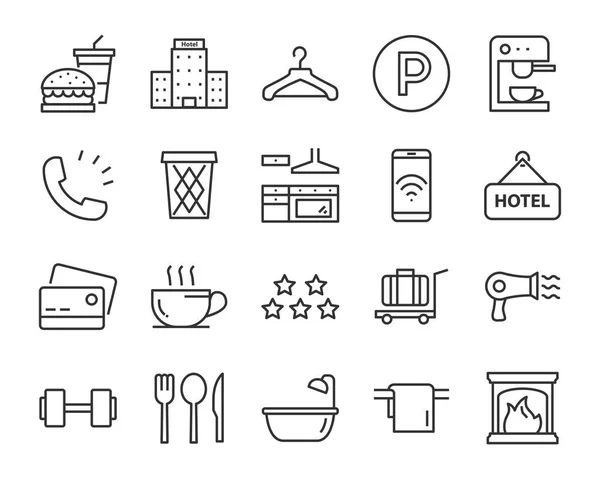 Hotel Line Icons Set Furniture Booking Bed Park Dinning Room — Stock Vector