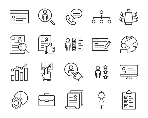 set of work icons, such as working, career, job, search, person, recruitment and more