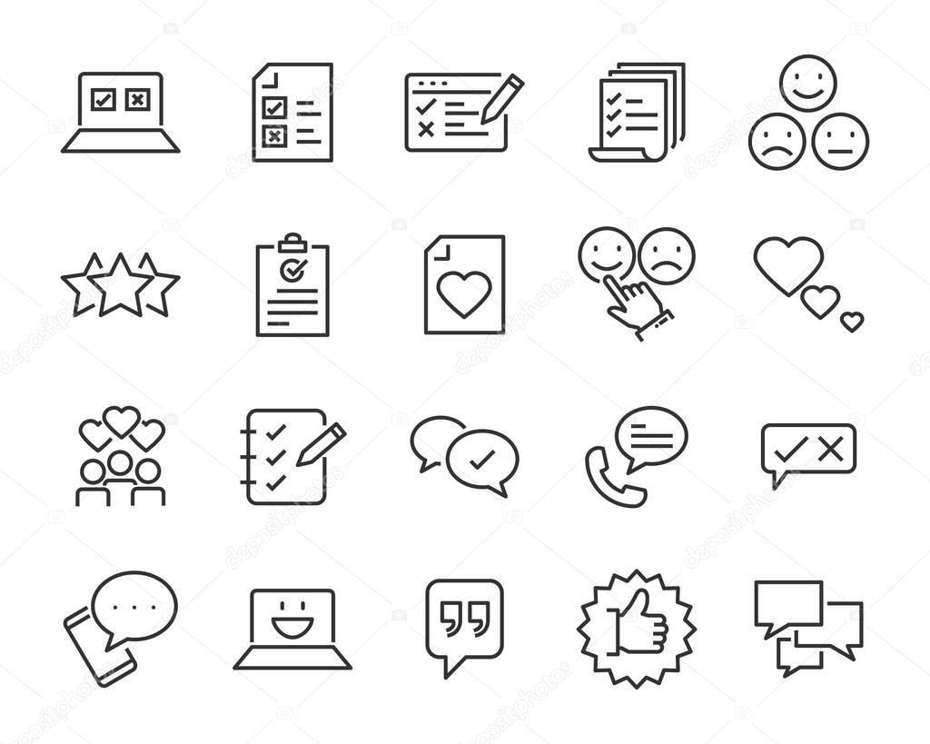 set of feedback line icons, such as, question, review, test, app