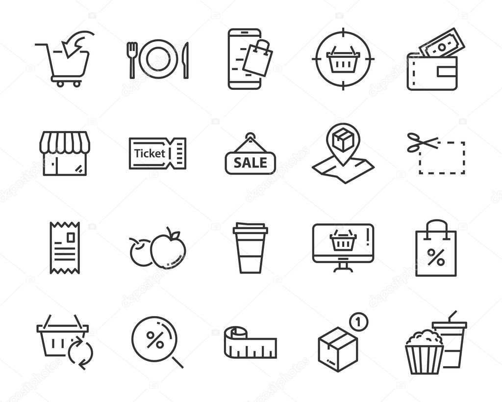 set of shopping line icons such as , delivery, shop, pay, e-commerce