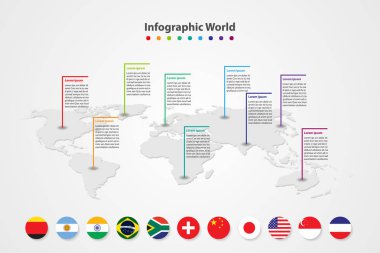Infographic ülke Dünya Haritası, Uluslararası Dünya bayrakları, kıta arka plan